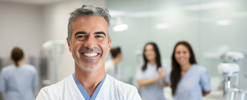 Doctor smiling with doctors in the background